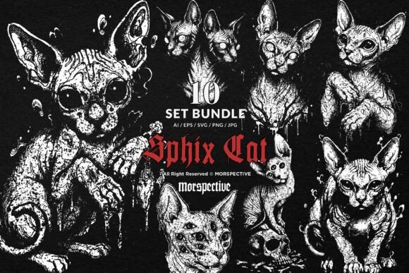 10 Bundle Dark Art Sphix Cat Skull Head