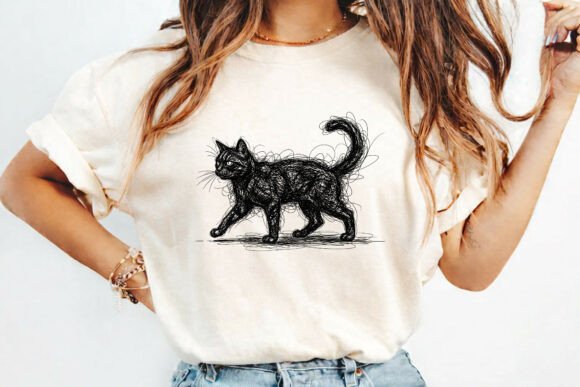 Abstract Scribble Black Cat T-Shirt PNG