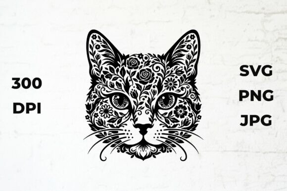 Black and White Cat Face Floral Pattern