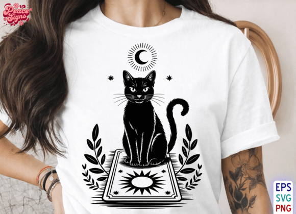 Black Cat Tarot Moon Vector Art PNG