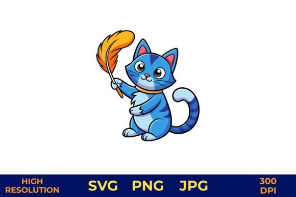 Blue Cat Playing with Feather Toy Vector