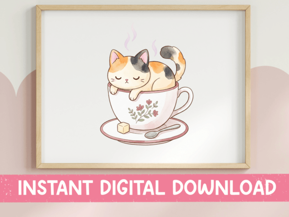 Calico Cat in Teacup Cute Art