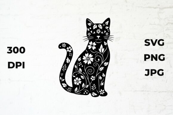 Cat Silhouette with Floral and Vine