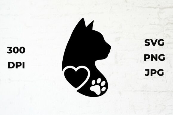 Cat Silhouette with Heart and Paw Print