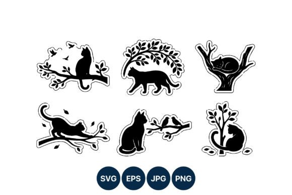 Cat Silhouettes Black White Tree