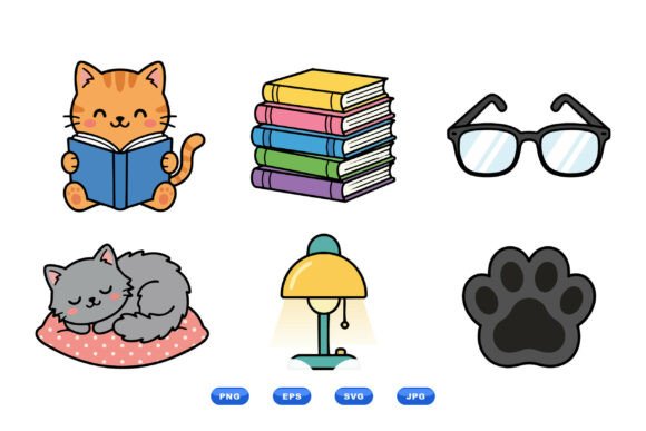 Cozy Cat Reading Clipart Set