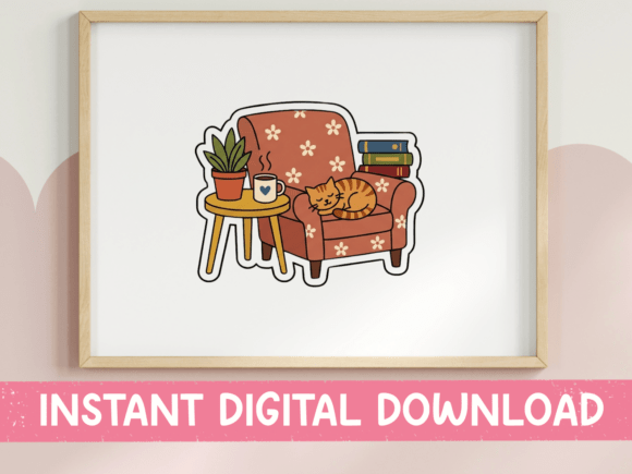 Cozy Reading Chair Cat Book Nook Art