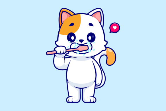Cute Cat Brushing Teeth Cartoon