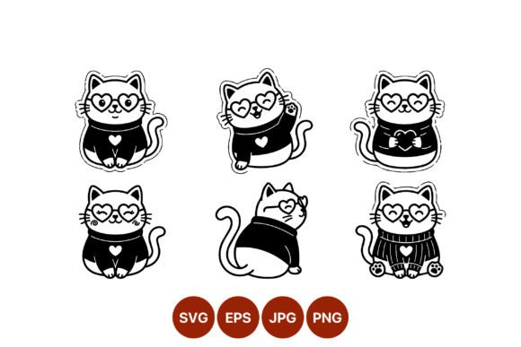 Cute Cat Heart Glasses Line Art