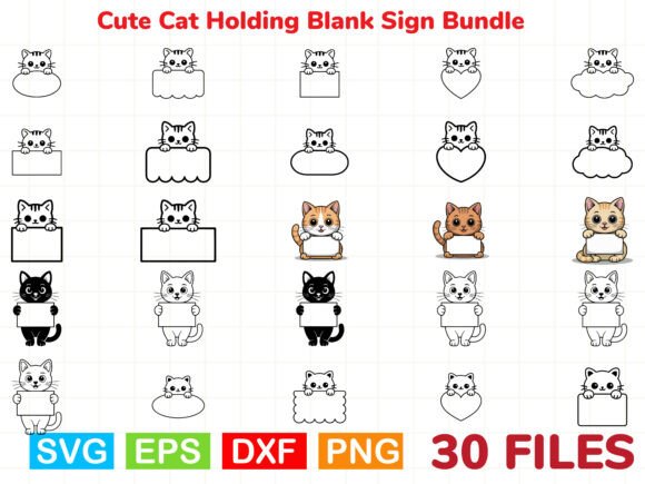 Cute Cat Holding Blank Sign Bundle