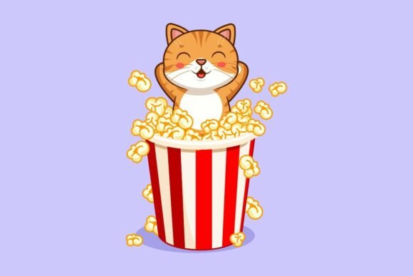 Cute Cat in Popcorn Bucket Vector Illustration
