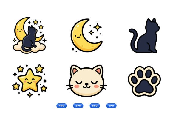 Cute Cat Moon and Star Clipart