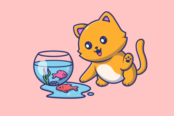 Cute Cat Playing with Fish in Aquarium