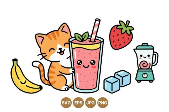 Cute Cat Smoothie Clipart Set