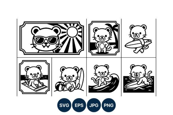 Cute Cat Surfing Vector Line Art