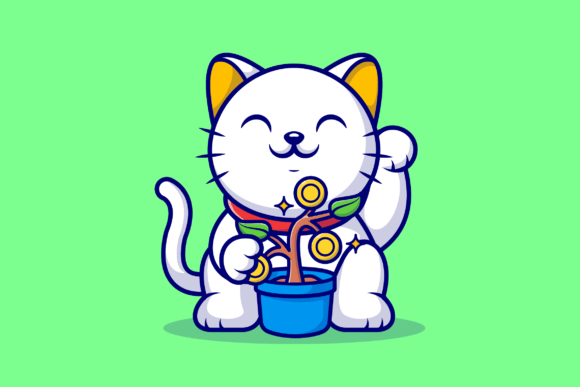 Cute Lucky Cat with Coin Gold Plant