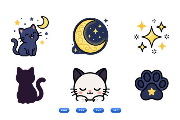 Cute Nighttime Cat Clipart Set