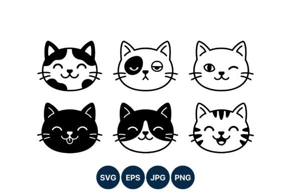 Happy and Sleepy Cat Faces Black White