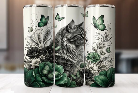 Mystical Cat Green Butterfly Tumbler PNG