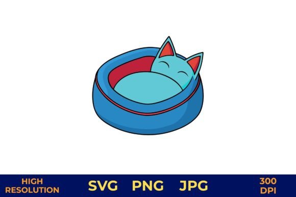 Sleeping Cat in Blue Pet Bed Vector Art