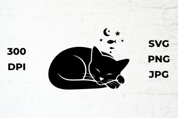 Sleeping Cat Silhouette Dreaming of Fish