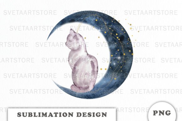 Watercolor Moon with Cat PNG