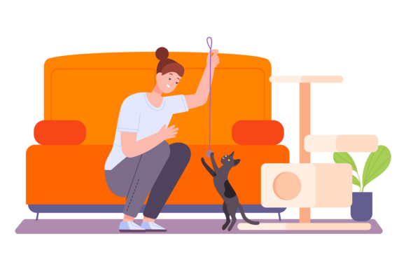 Woman Play with Kitten. Home Pet Happy T