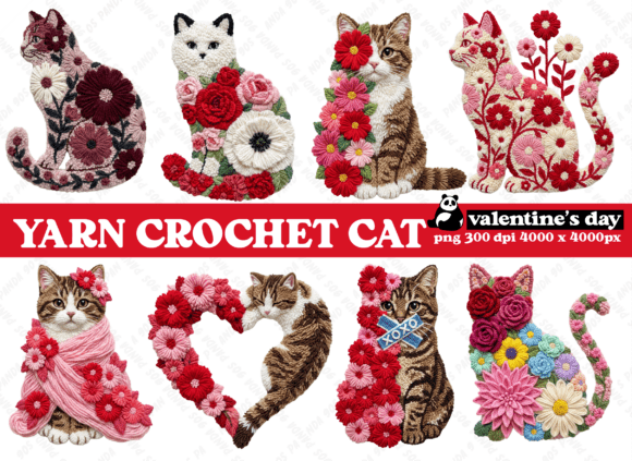 Yarn Crochet Cat Valentine’s PNG Bundle